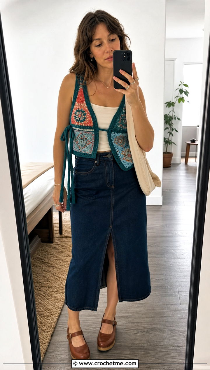 Patchwork Side Tie Crochet Vest With Denim Midi Skirt - 30 crochet vest tie sides outfit ideas