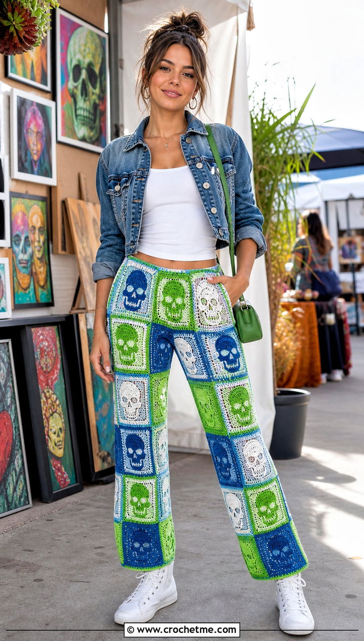 Patchwork Skull Crochet Pants With Denim Jacket - 15 Skull Crochet Pants outfit ideas