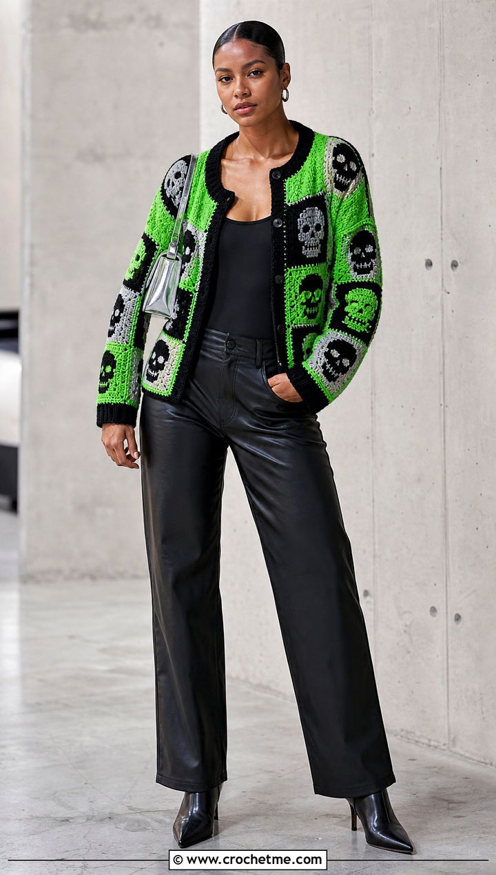 Patchwork Skull Granny Square Cardigan With Leather Pants - 30 skull granny square cardigan outfit ideas