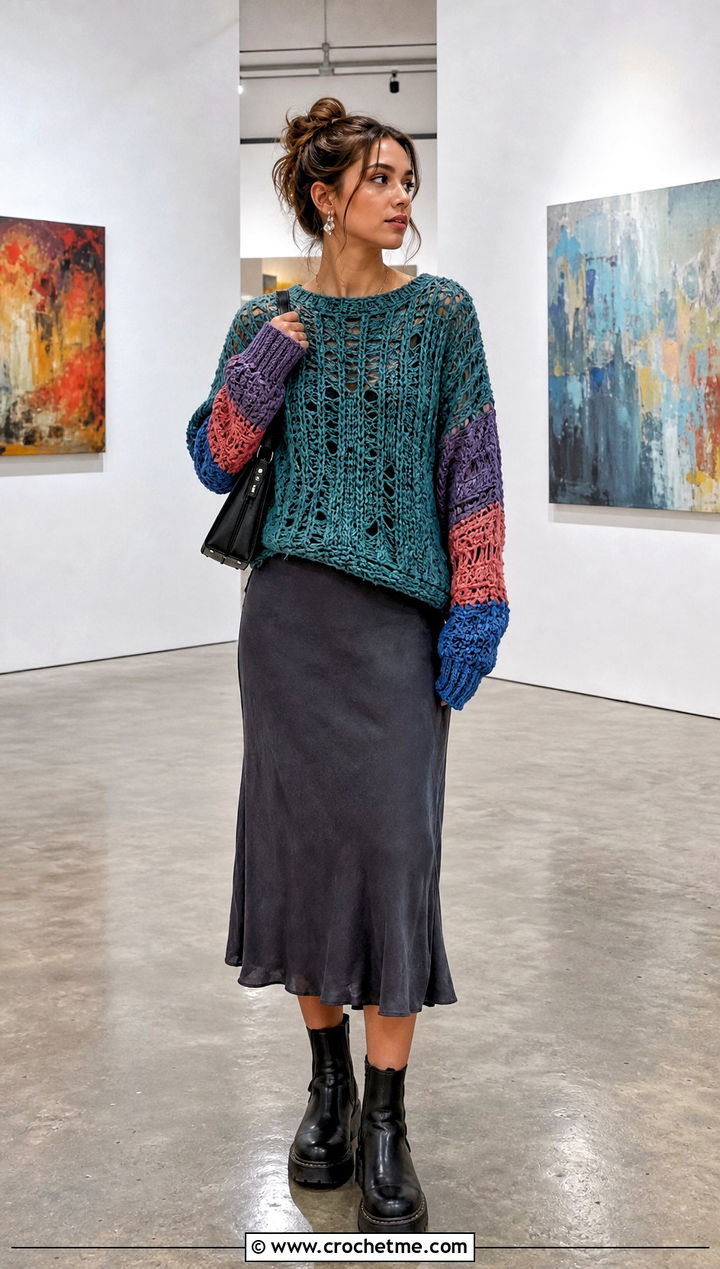 Patchwork Sleeve Crochet Grunge Sweater With Bias Skirt - 30 crochet grunge sweater outfit ideas