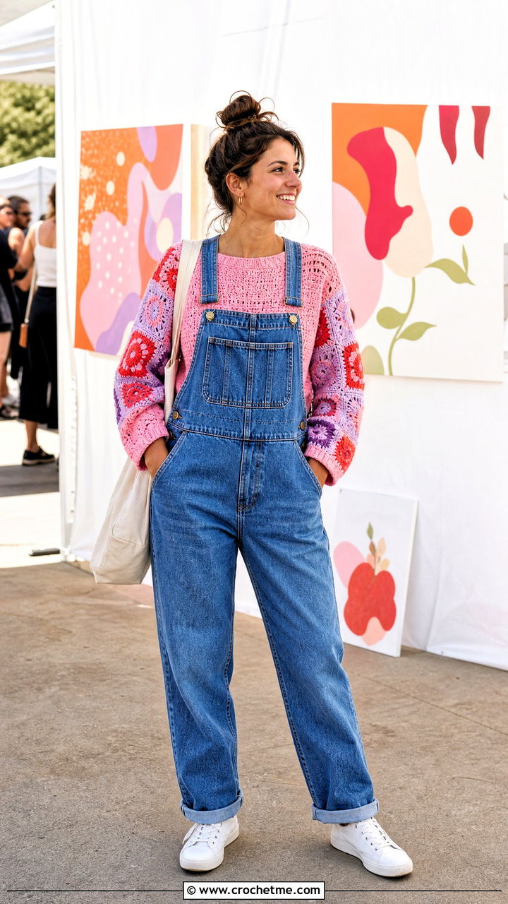 Patchwork Sleeve Crochet Top With Denim Overalls - 35 crochet top with sleeves outfit ideas