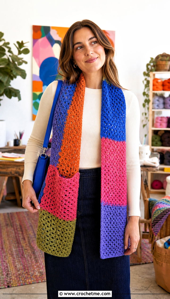 Patchwork Sleeved Crochet Scarf With Denim Maxi Skirt - 25 Sleeved Crochet Scarf outfit ideas