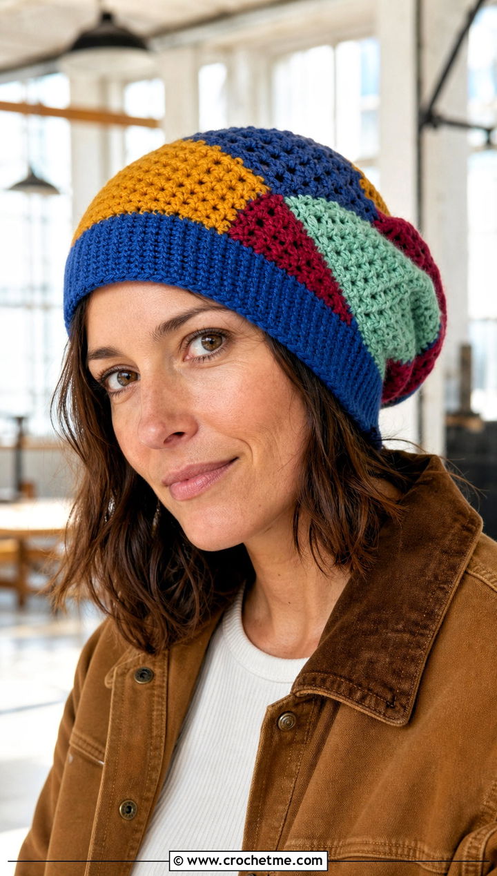 Patchwork Slouch Crochet Beanie With Workwear Jacket - 30 slouch crochet beanie outfit ideas