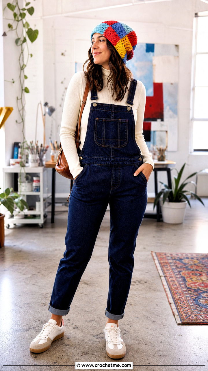 Patchwork Slouchy Crochet Beanie With Denim Overalls - 35 slouchy crochet beanie outfit ideas