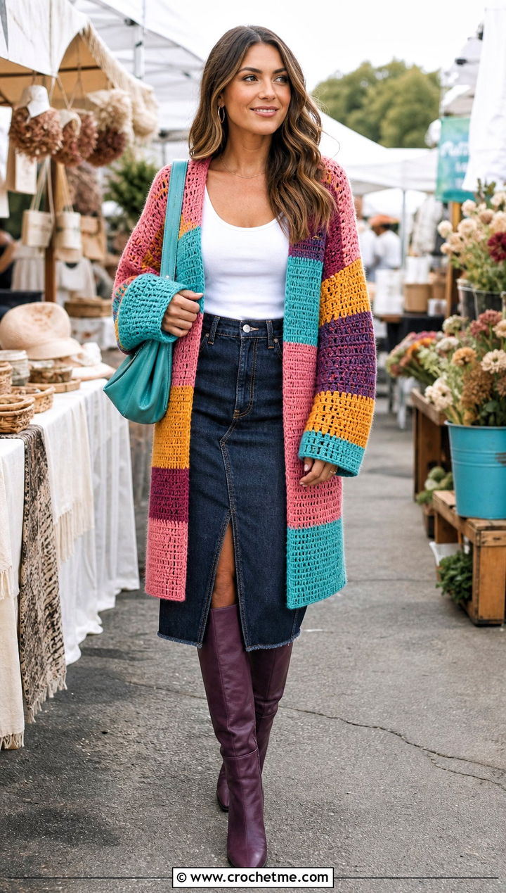 Patchwork Slouchy Crochet Cardigan With A Denim Midi Skirt - 25 Slouchy Crochet Cardigan outfit ideas