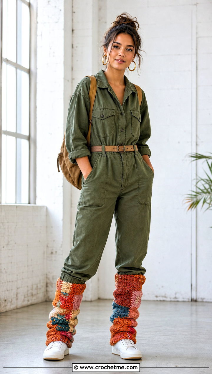 Patchwork Slouchy Crochet Leg Warmers With Utility Jumpsuit - 25 Slouchy Crochet Leg Warmers outfit ideas