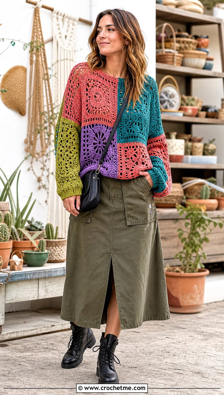Patchwork Slouchy Crochet Sweater With Utility Skirt - 25 slouchy crochet sweater outfit ideas