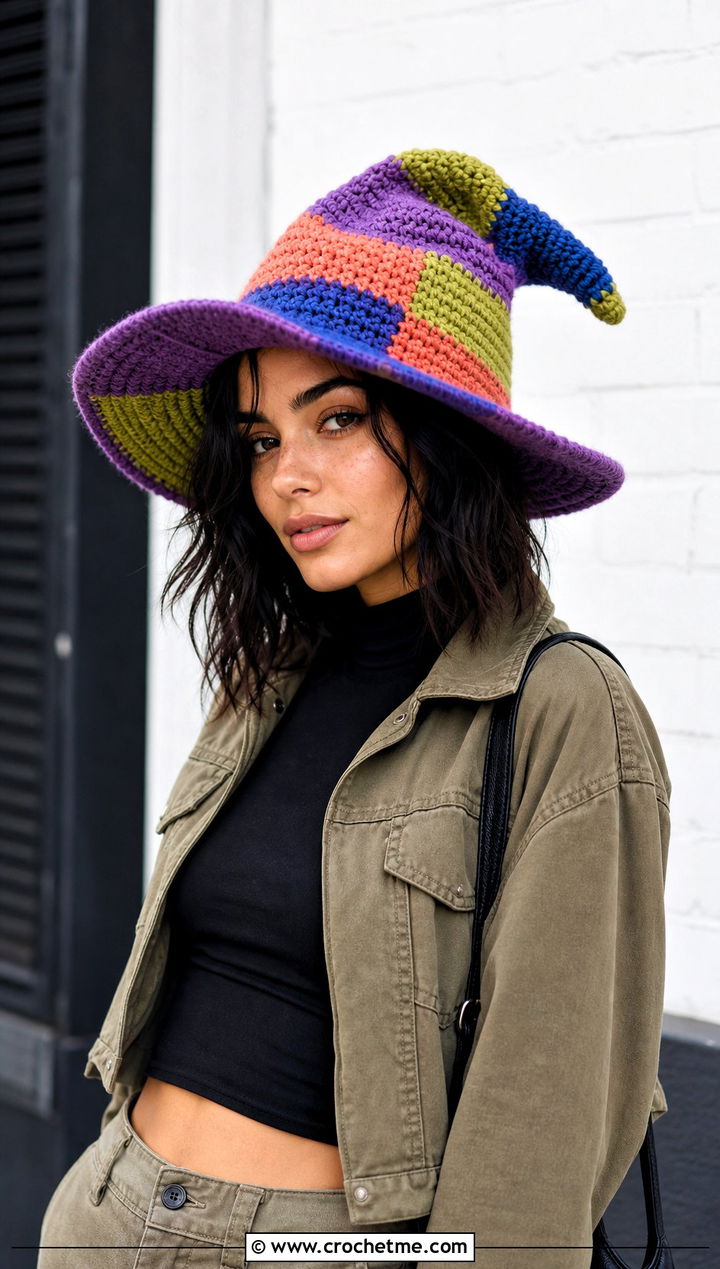 Patchwork Slouchy Crochet Witch Hat With Cargo Skirt - 30 slouchy crochet witch hat outfit ideas