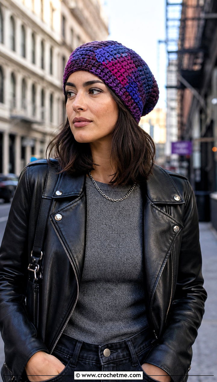 Patchwork Slouchy Scrap Yarn Crochet Beanie With Leather Jacket - 30 scrap yarn crochet beanie outfit ideas
