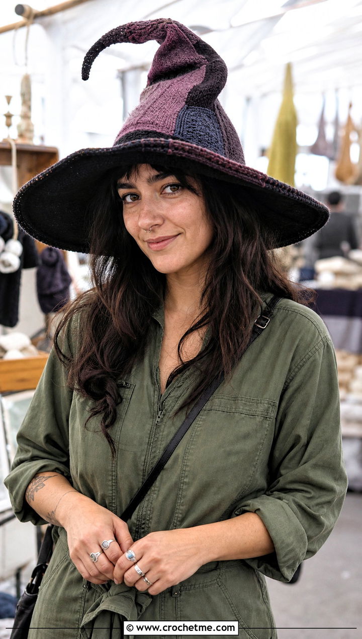 Patchwork Slouchy Witchs Crochet Hat With Utility Jumpsuit - 15 Witch's Crochet Hat outfit ideas