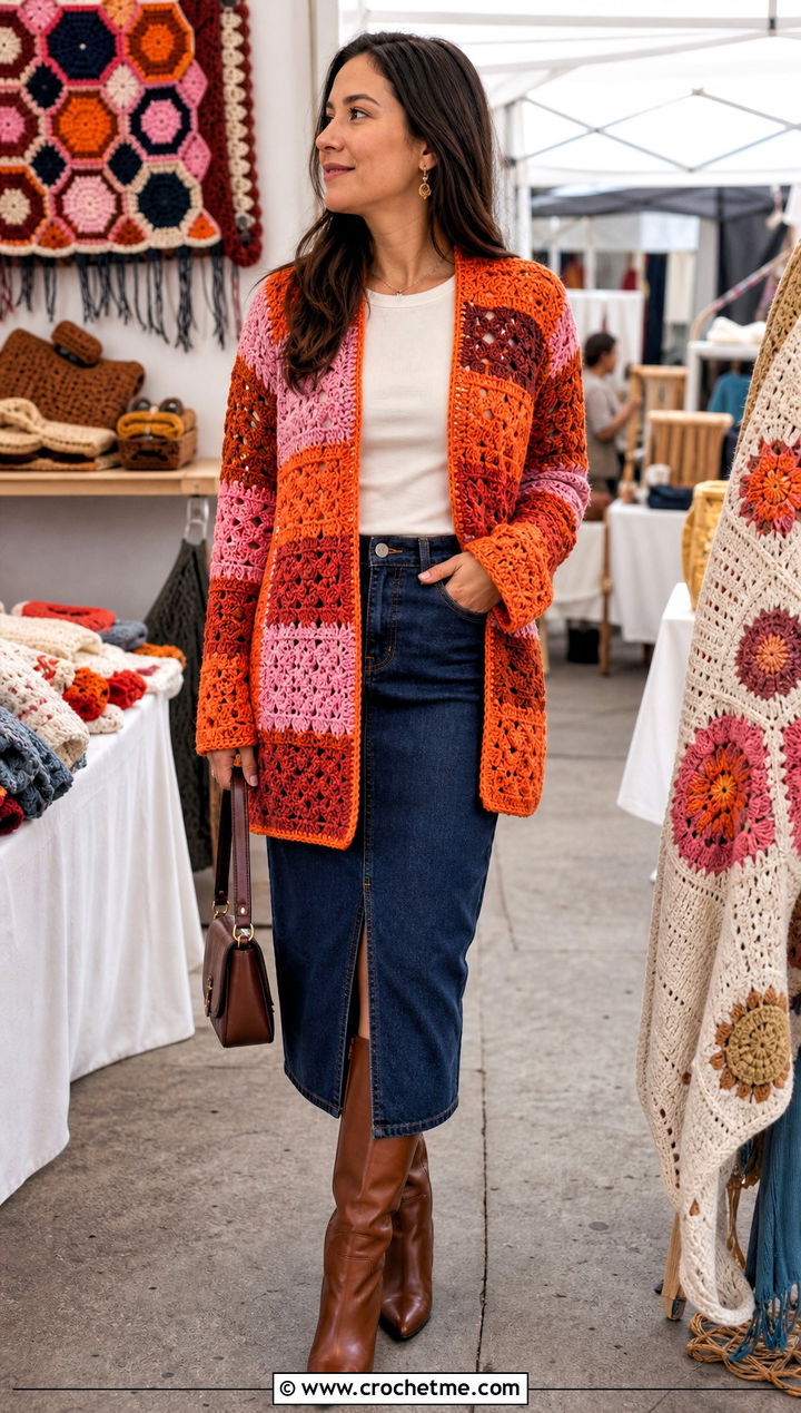 Patchwork Sofa Crochet Sweater With Midi Skirt - 15 sofa crochet sweater outfit ideas
