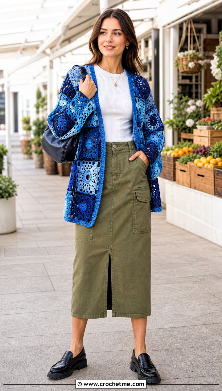 Patchwork Spider Web Cardigan With Utility Skirt - 25 Crochet Spider Web Cardigan outfit ideas