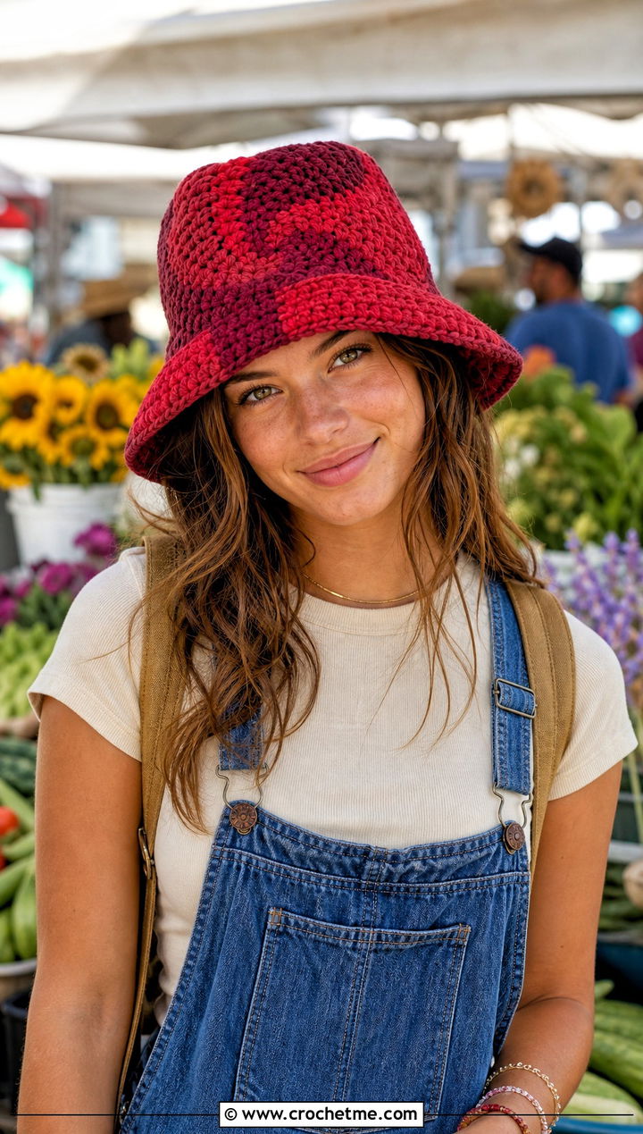 Patchwork Spiral Crochet Bucket Hat With Overalls And T Shirt - 30 crochet swirl hat outfit ideas