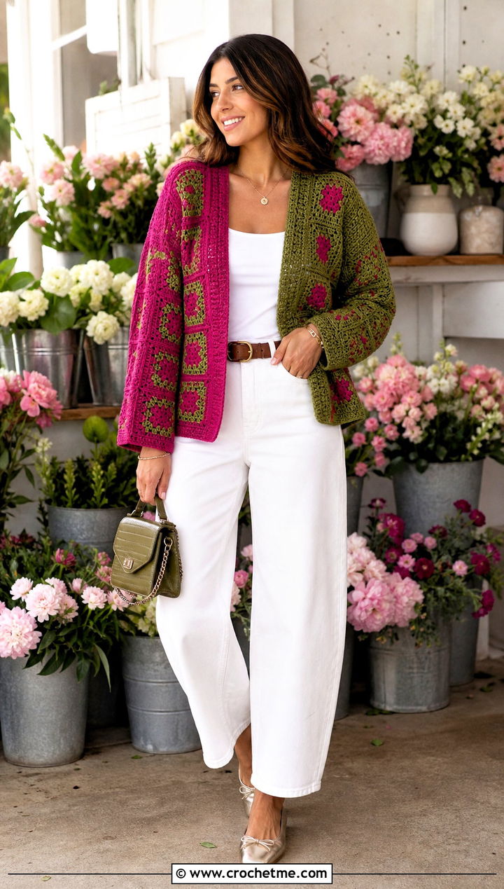 Patchwork Split Color Crochet Cardigan With White Denim - 15 Split Color Crochet Cardigan outfit ideas