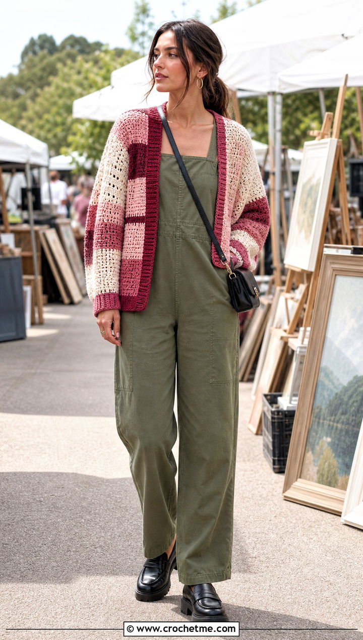 Patchwork Sport Weight Crochet Cardigan With Utility Jumpsuit - 20 Crochet Cardigan Sport Weight Yarn outfit ideas