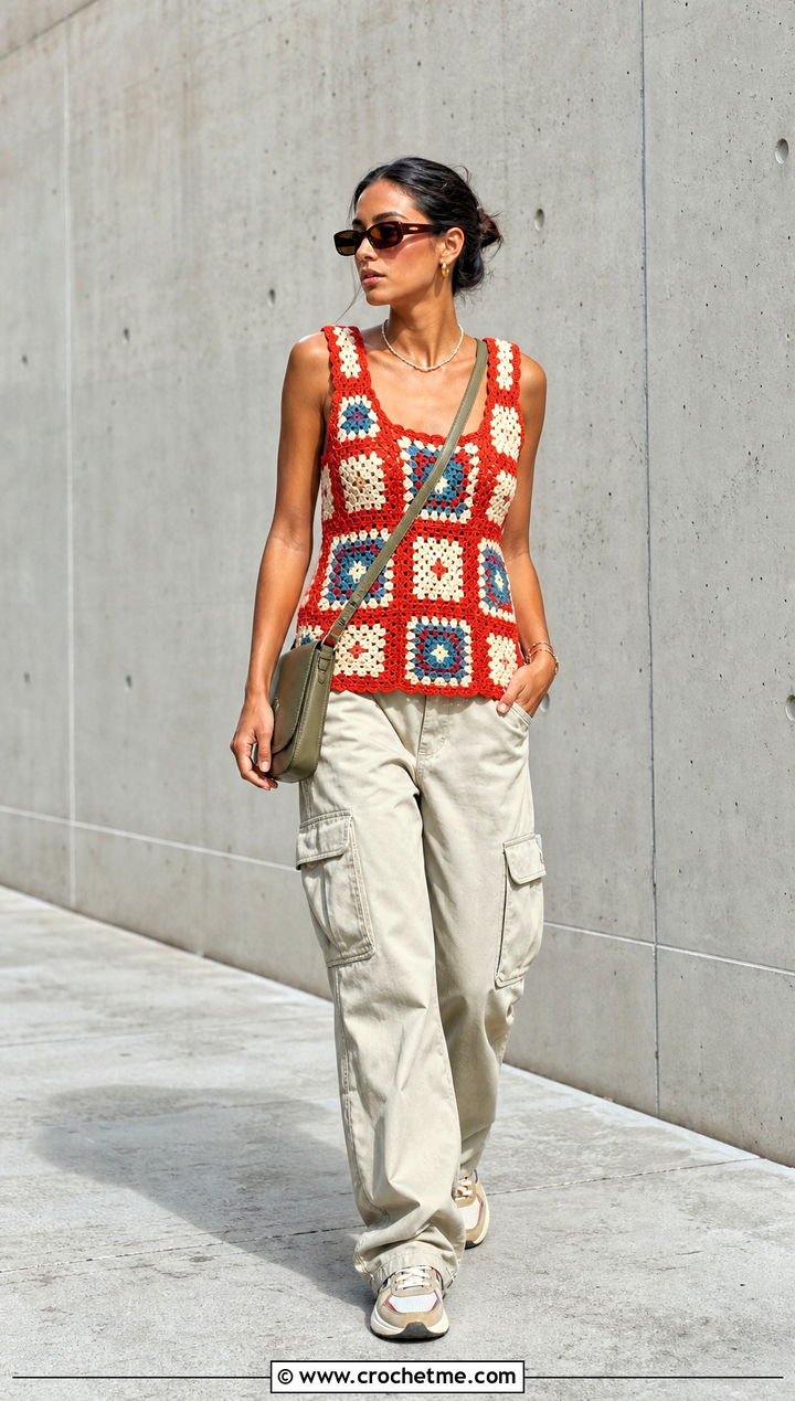 Patchwork Square Crochet Top With Cargo Pants - 25 Square Crochet Top outfit ideas