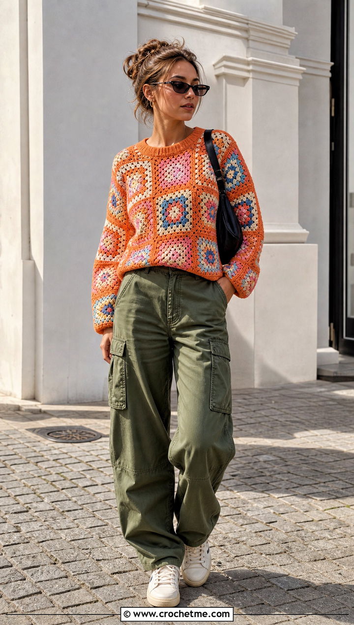 Patchwork Square Jumper With Cargo Pants - 30 crochet square jumper outfit ideas