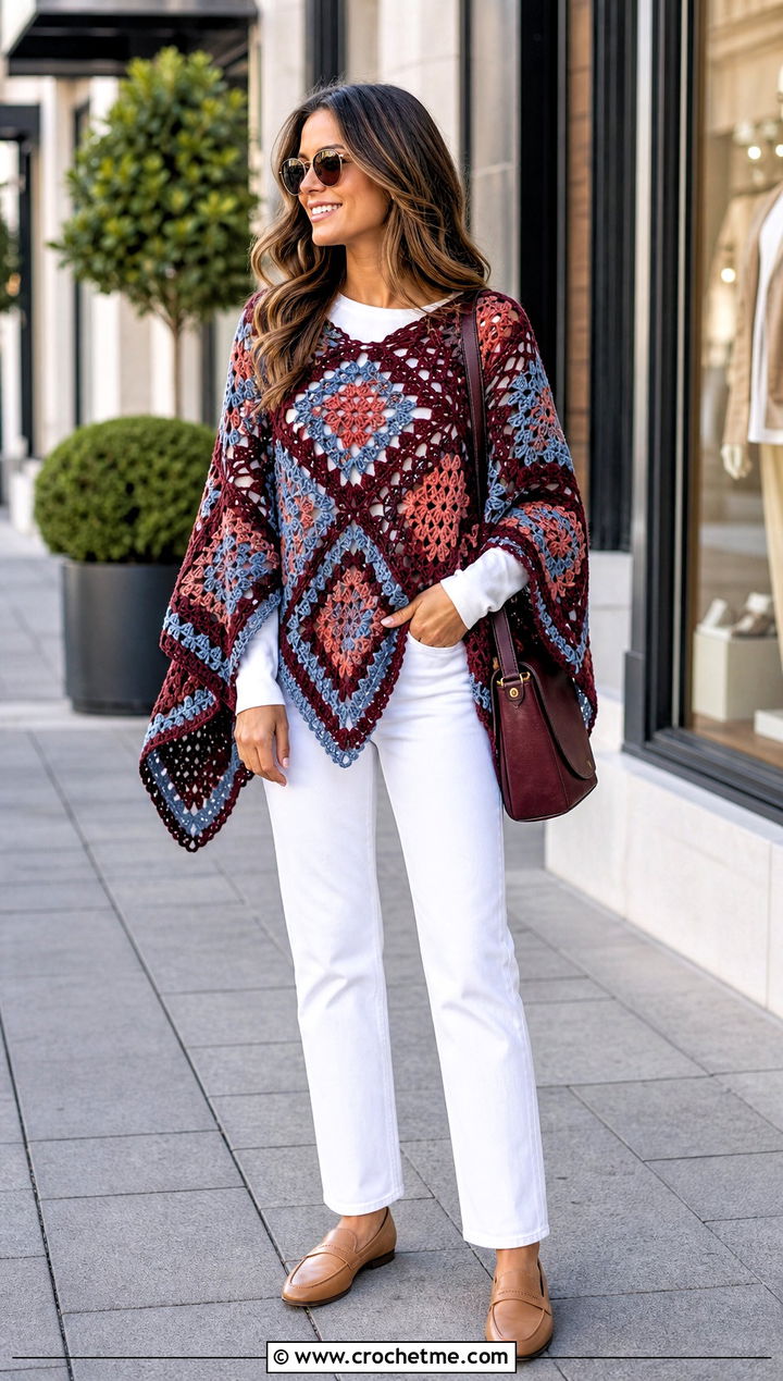 Patchwork Square Poncho With White Jeans - 30 crochet square poncho outfit ideas