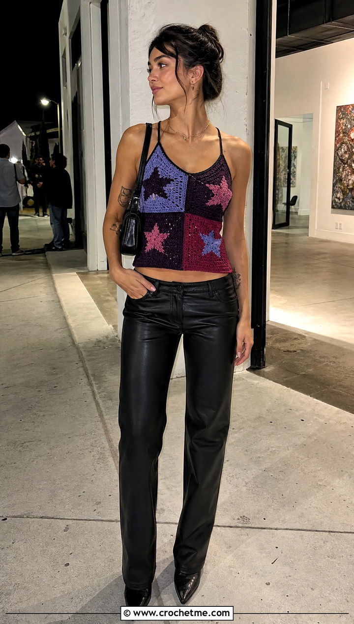 Patchwork Star Crochet Tank Top With Leather Pants - 25 Star Crochet Tank Top outfit ideas