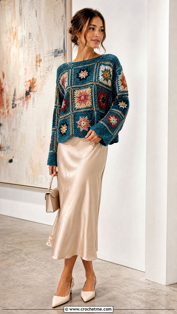 Patchwork Star Sweater With Satin Slip Skirt - 35 crochet star sweater outfit ideas