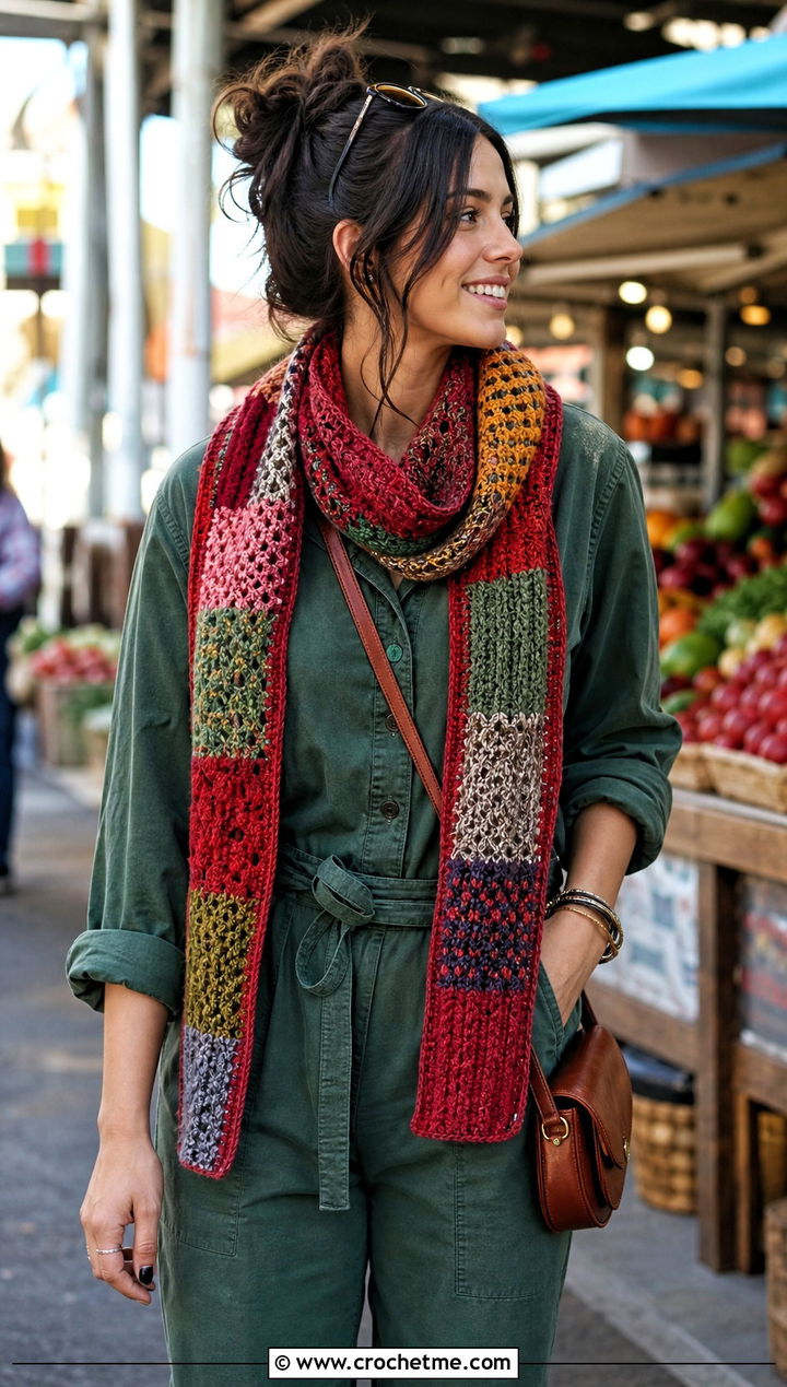 Patchwork Stitch Sampler Scarf With Utility Jumpsuit - 20 Crochet Stitch Sampler Scarf outfit ideas