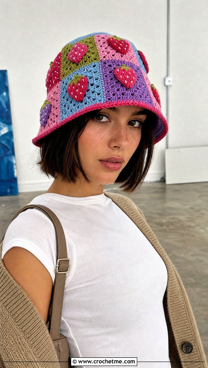 Patchwork Strawberry Crochet Hat With Neutral Separates - 30 strawberry crochet hat outfit ideas