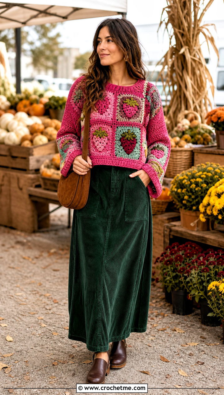 Patchwork Strawberry Crochet Pullover With Corduroy Maxi Skirt - 15 Strawberry Crochet Sweater outfit ideas