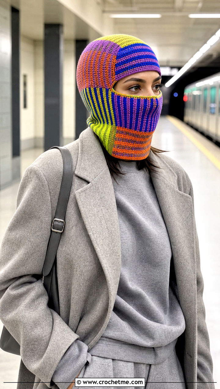 Patchwork Stripe Crochet Balaclava With Monochrome Outfit - 15 Striped Crochet Balaclava outfit ideas