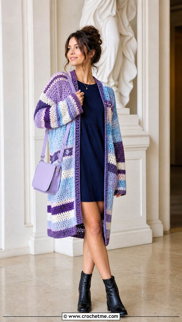 Patchwork Stripe Crochet Cardigan With Mini Dress - 25 striped crochet cardigan outfit ideas