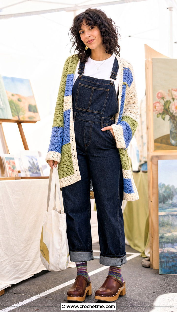 Patchwork Stripe Crochet Cardigan With Overalls - 35 crochet striped cardigan outfit ideas
