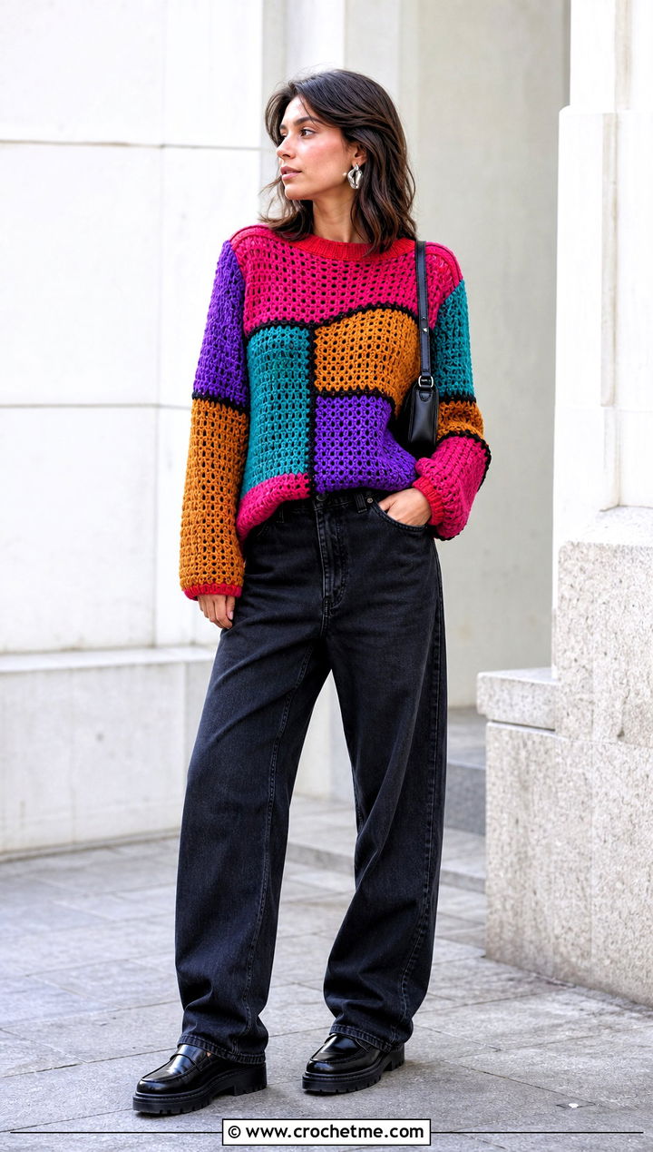 Patchwork Striped Crochet Sweater With Black Jeans - 30 striped crochet sweater outfit ideas