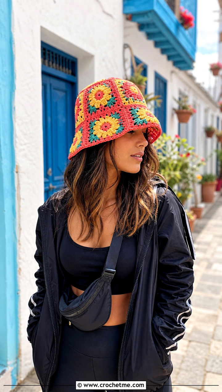 Patchwork Sunflower Bucket Hat With Track Jacket And Leggings - 15 Handmade Crochet Sunflower Hat outfit ideas