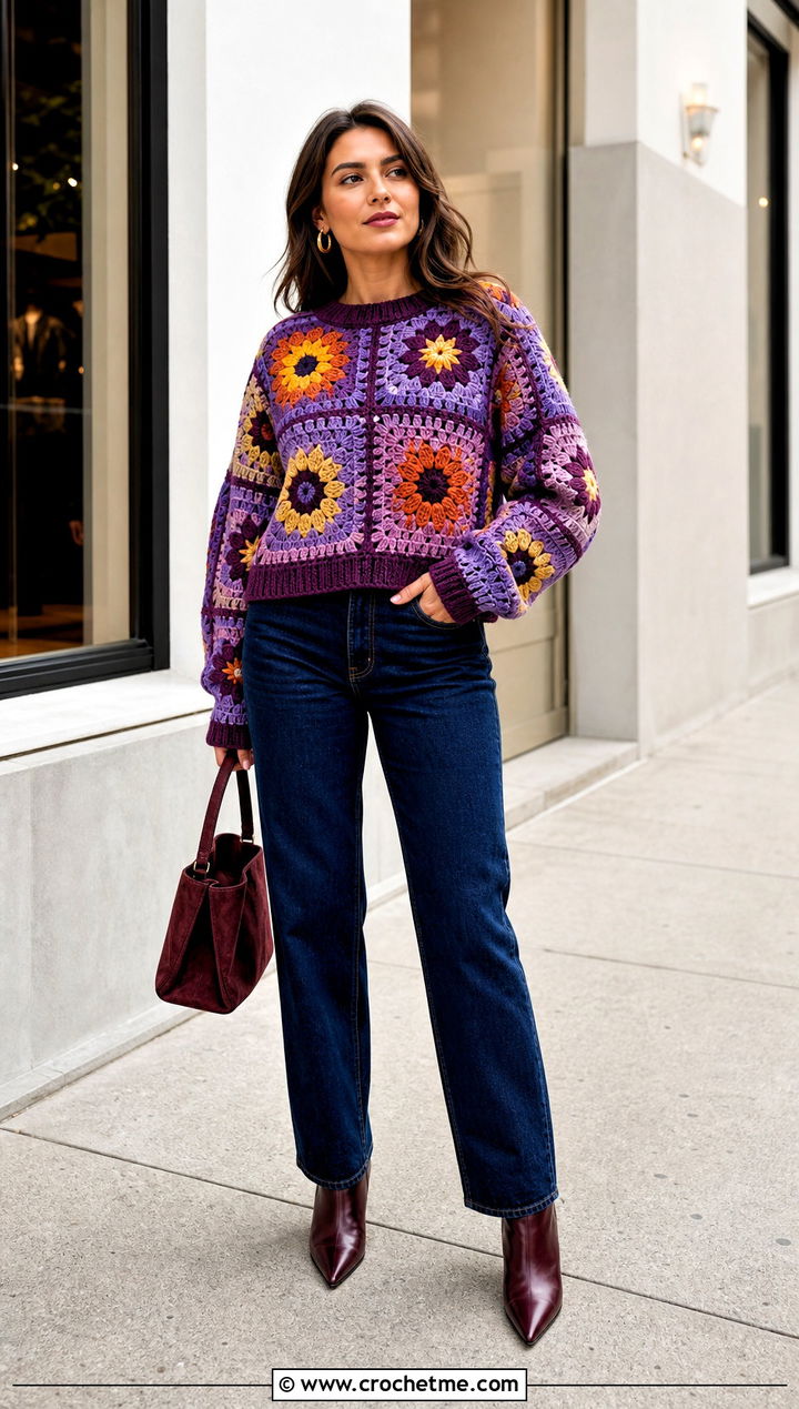 Patchwork Sunflower Granny Square Pullover Sweater With Straight Leg Jeans - 15 Sunflower Granny Square Pullover Sweater outfit ideas