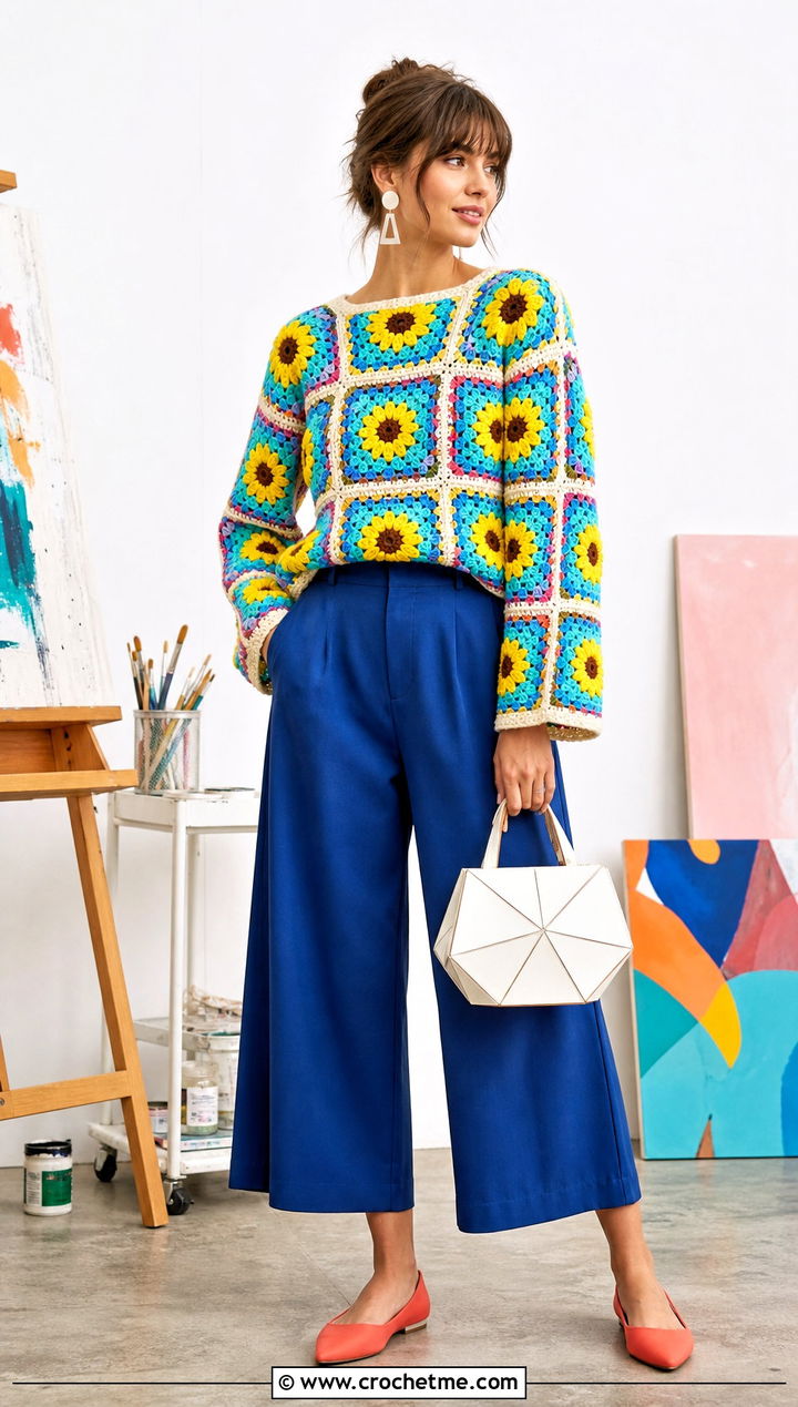 Patchwork Sunflower Granny Square Sweater With Culottes - 30 sunflower granny square sweater outfit ideas