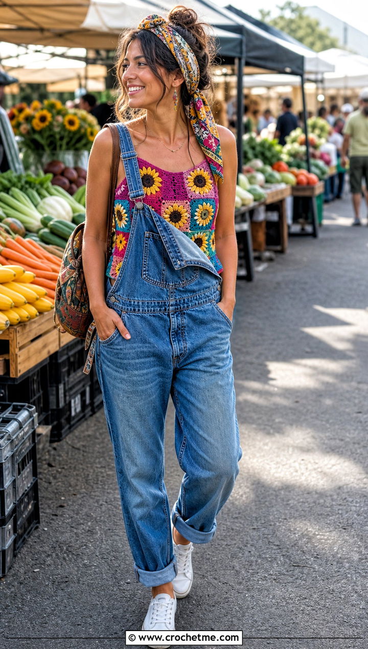 Patchwork Sunflower Top With Denim Overalls - 35 crochet sunflower top outfit ideas
