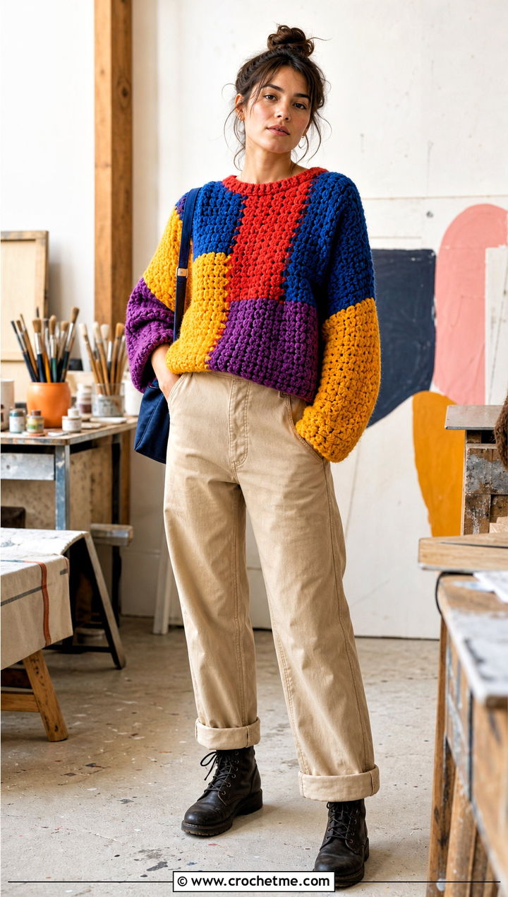 Patchwork Super Bulky Crochet Sweater With Neutral Workwear Pants - 25 Super Bulky Crochet Sweater outfit ideas