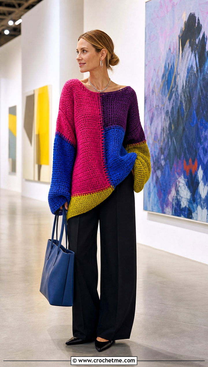 Patchwork Super Slouchy Crochet Sweater With Monochrome Trousers - 15 Super Slouchy Crochet Sweater outfit ideas