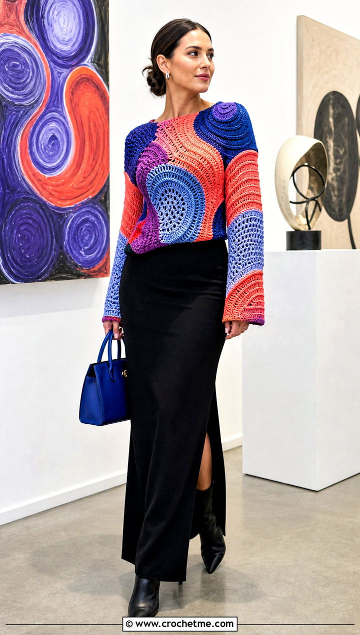 Patchwork Swirl Crochet Sweater With Tailored Maxi Skirt - 25 swirl crochet sweater outfit ideas