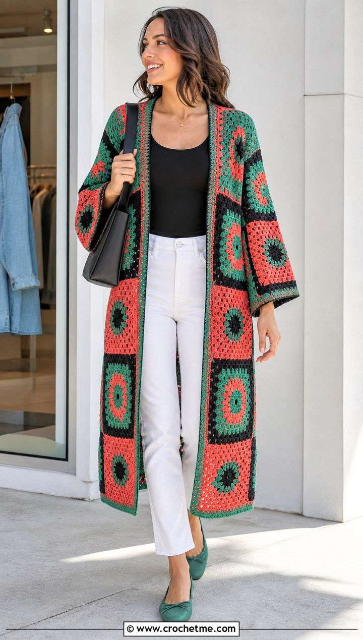 Patchwork Tanjiro Crochet Kimono With White Jeans - 25 tanjiro crochet kimono outfit ideas
