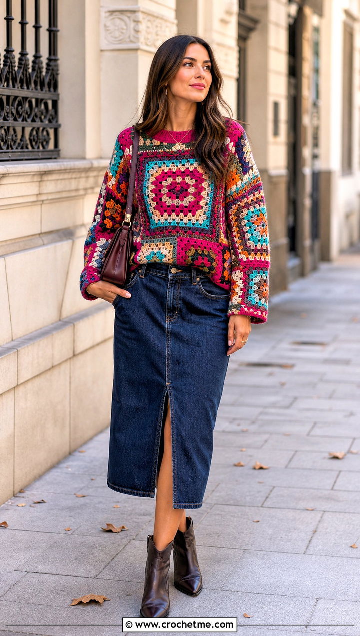 Patchwork Tapestry Crochet Jumper With Denim Midi Skirt - 30 Tapestry Crochet Jumper outfit ideas