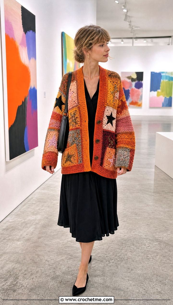Patchwork Taylor Swift Crochet Cardigan With Black Midi Dress - 35 crochet taylor swift cardigan outfit ideas