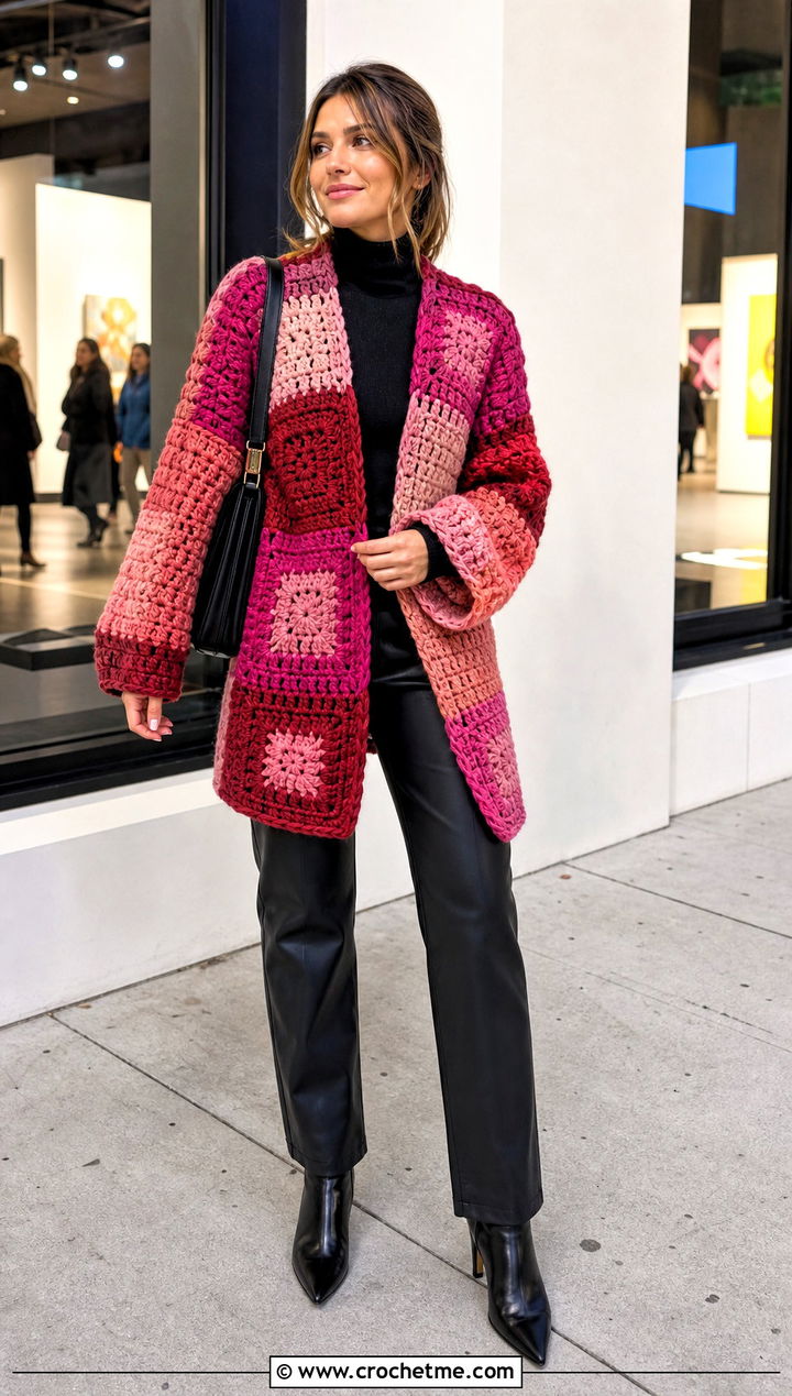 Patchwork Thick Yarn Crochet Cardigan With Leather Pants - 25 Thick Yarn Crochet Cardigan outfit ideas