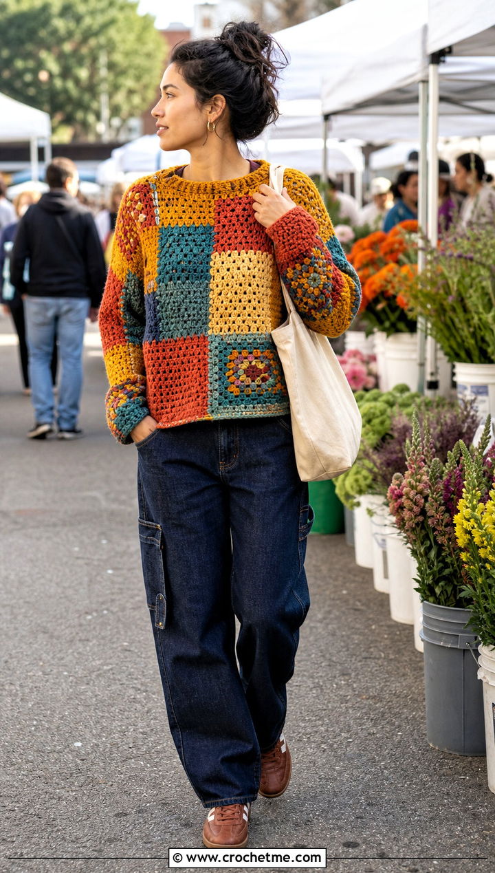 Patchwork Thick Yarn Crochet Sweater With Carpenter Jeans - 25 thick yarn crochet sweater outfit ideas