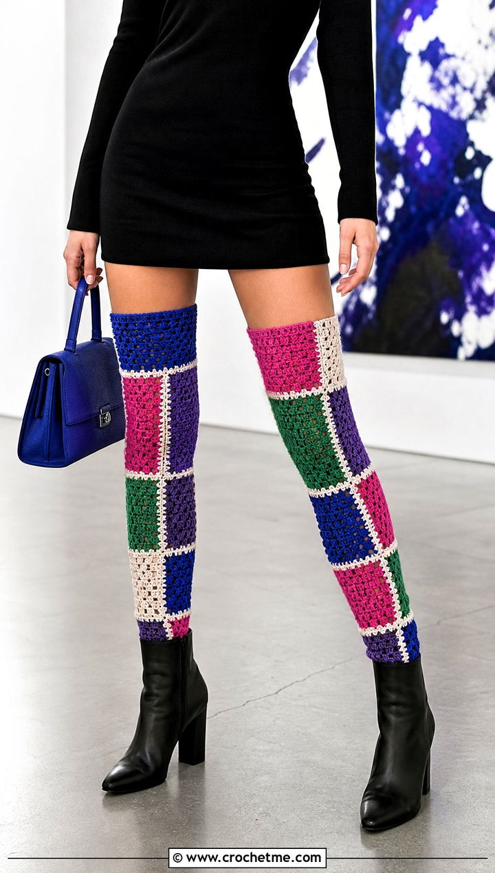 Patchwork Thigh High Crochet Socks With Black Mini Dress - 35 thigh high crochet socks outfit ideas