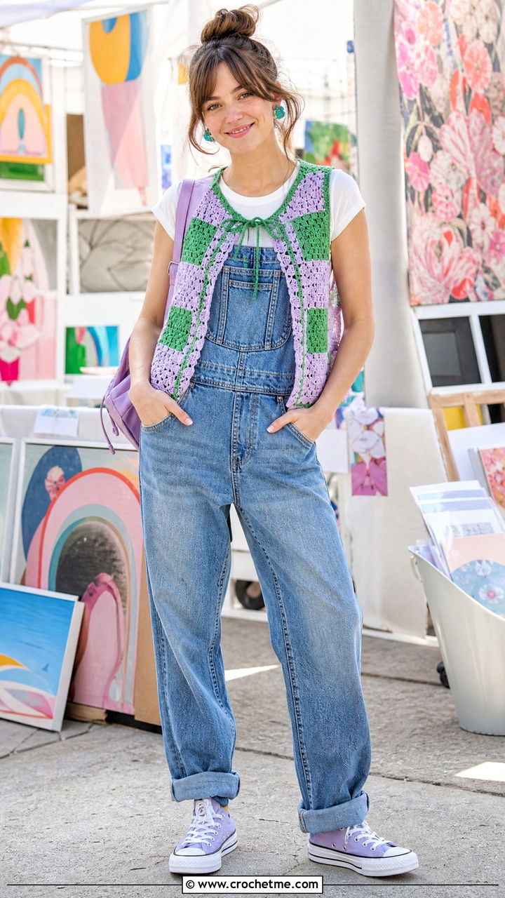 Patchwork Tie Crochet Vest With Denim Overalls - 35 crochet tie vest outfit ideas