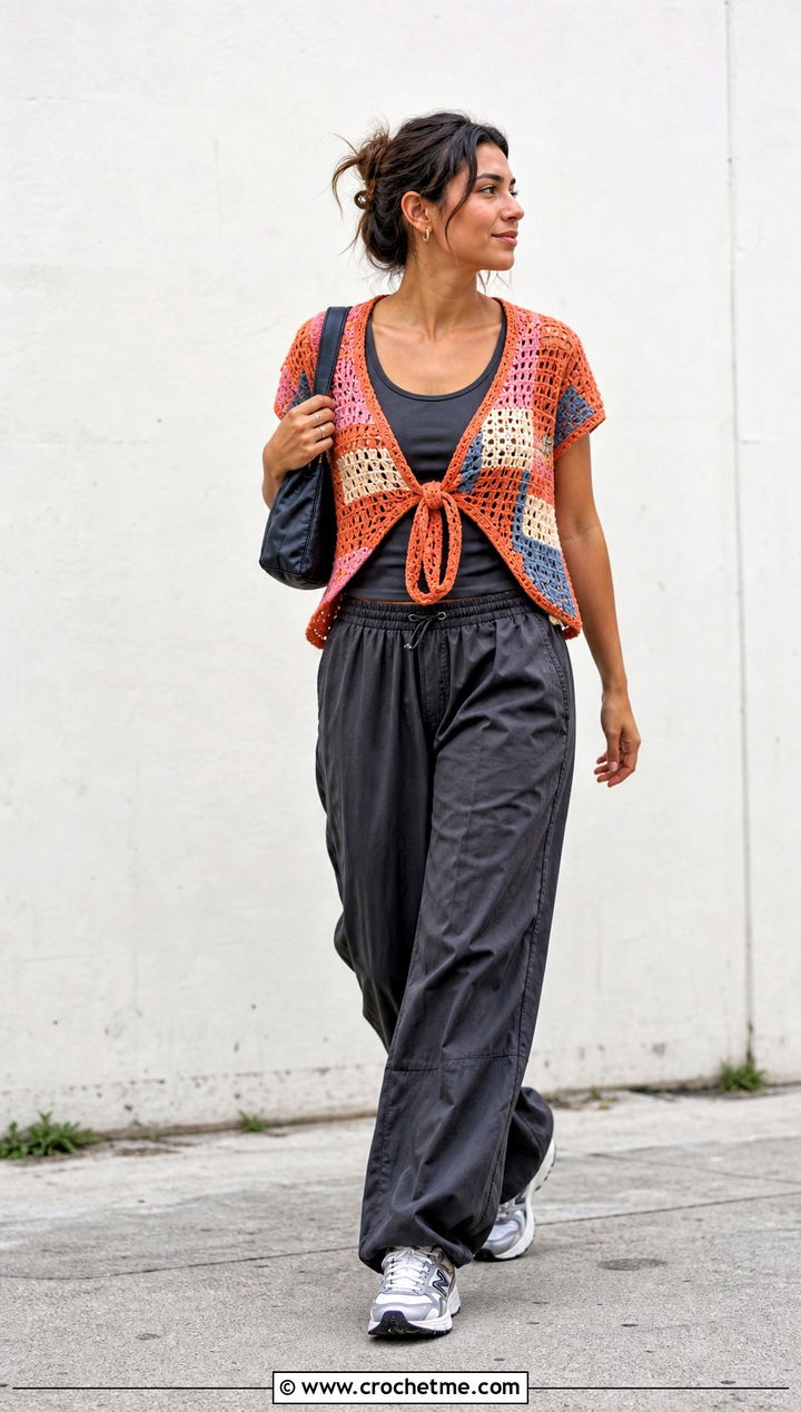 Patchwork Tie Front Crochet Top With Parachute Pants - 25 long sleeve tie front crochet top outfit ideas