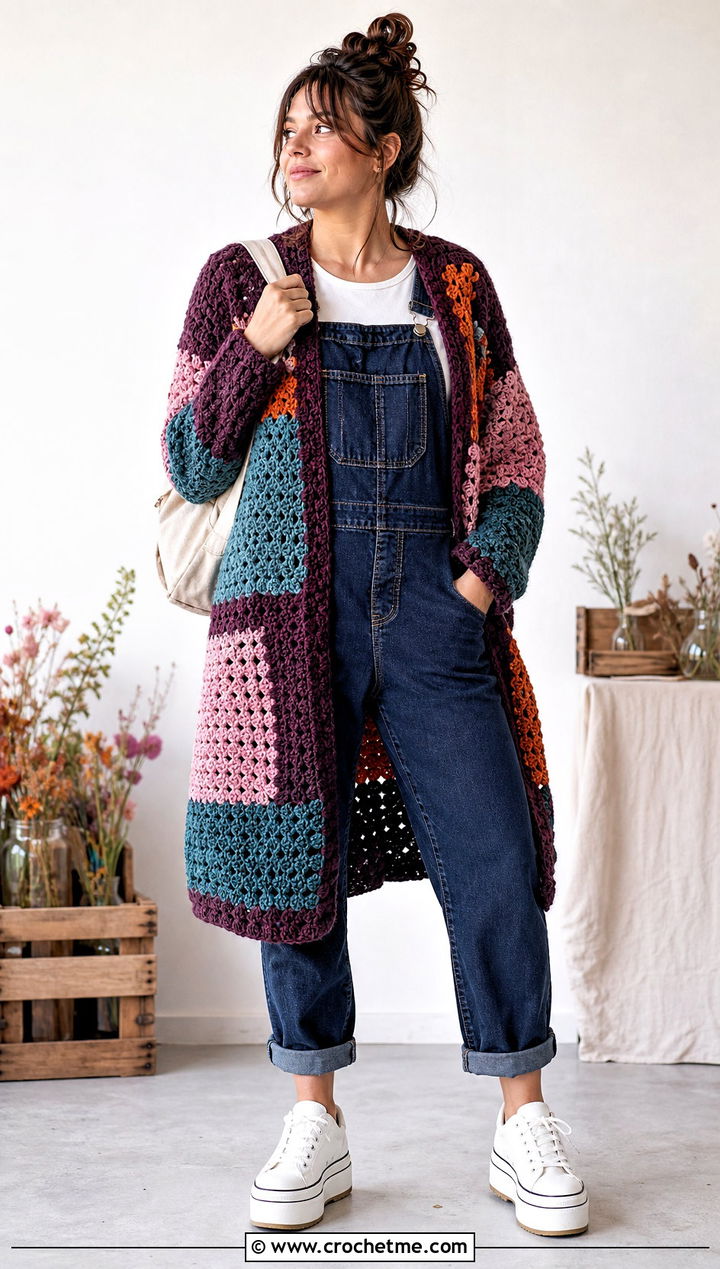 Patchwork Top Down Crochet Cardigan With Denim Overalls - 30 top down crochet cardigan outfit ideas
