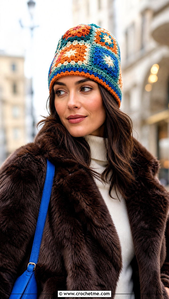 Patchwork Toque Fair Isle Crochet Beanie With Faux Fur Coat - 15 Fair Isle Crochet Beanie outfit ideas