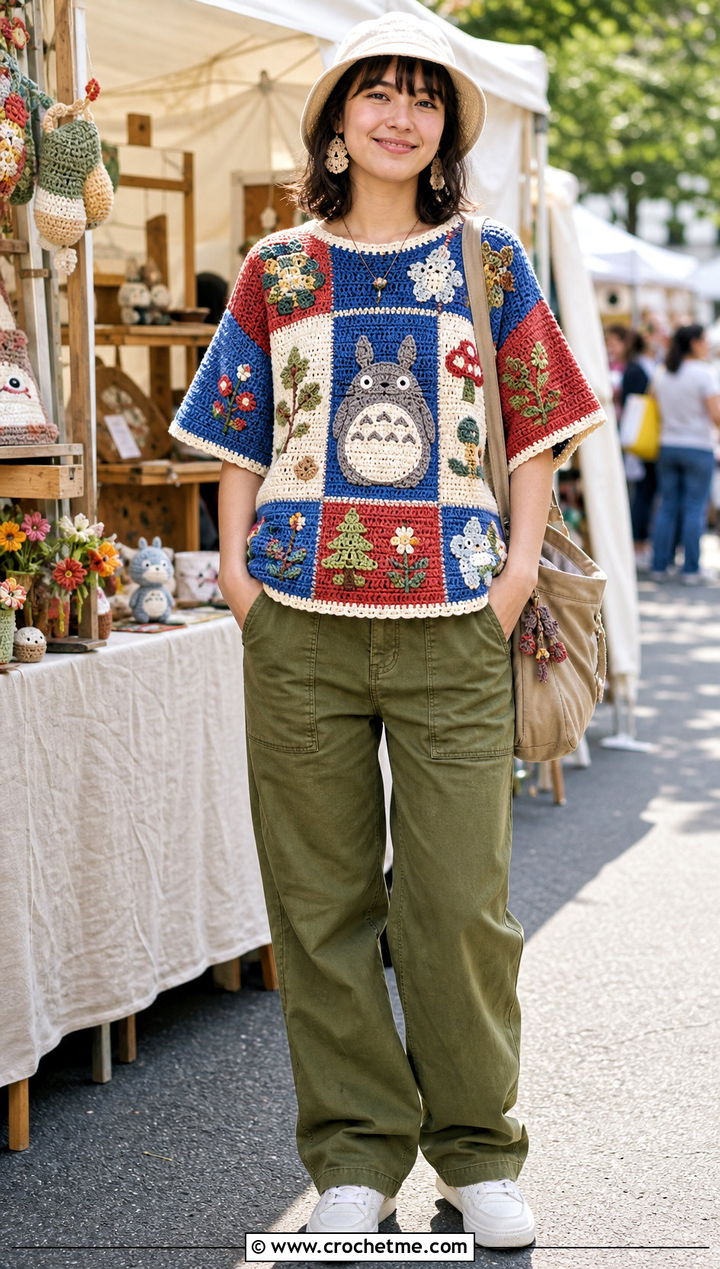 Patchwork Totoro Crochet Top With Carpenter Pants - 25 Totoro Crochet Top outfit ideas