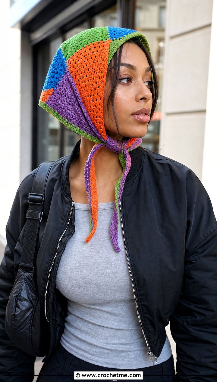 Patchwork Triangle Scarf With Cargo Pants - 25 Crocheted Triangle Scarf outfit ideas